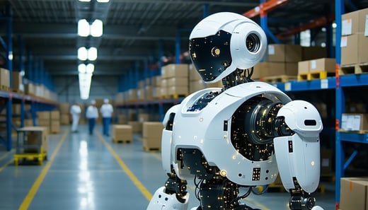 create an image based on this article summary Amazon is assembling a specialized team including talent from robotics firm Covariant to develop humanoid robots for both industrial and consumer applications according to supply chain expert and former A