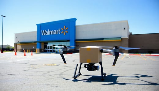 create an image based on this article summary Walmart has launched drone delivery service within a 2mile radius of its Beltline Road and Highway 80 location with packages limited to 8 pounds the city announced on April 2Mesquite Fire Department Stati